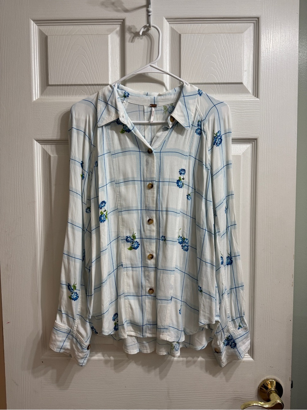 Free People White Button-Front Plaid Shirt with Blue Floral Embroidery